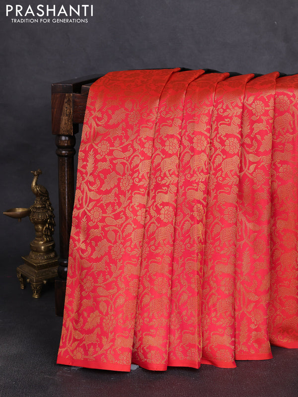 Pure kanchipuram silk saree bottle green and orange with half & half style and long zari woven border