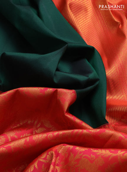 Pure kanchipuram silk saree bottle green and orange with half & half style and long zari woven border