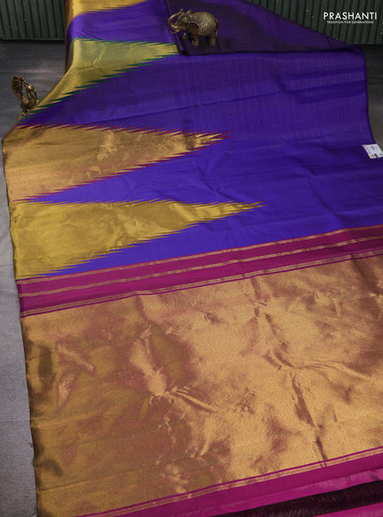 Pure kanchipuram silk saree violet and magenta pink with allover vairaosi pattern and long temple zari woven border