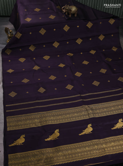 Pure kanchipuram silk saree deep jamun shade with allover zari woven buttas in borderless style