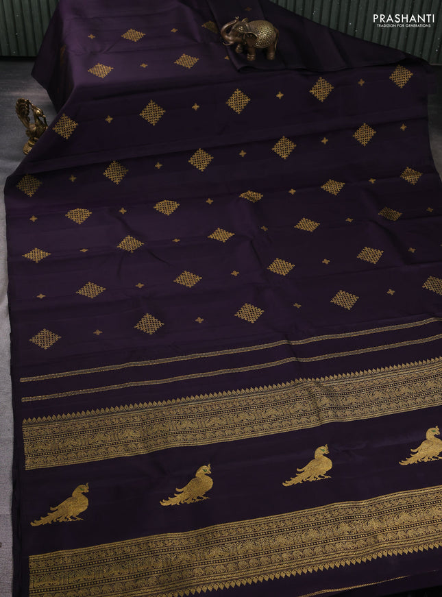Pure kanchipuram silk saree deep jamun shade with allover zari woven buttas in borderless style