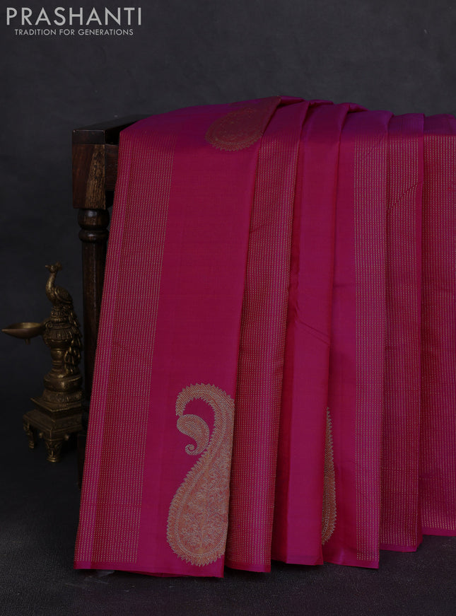 Pure kanchipuram silk saree dark pink and navy blue with allover zari stripe pattern & buttas in borderless style