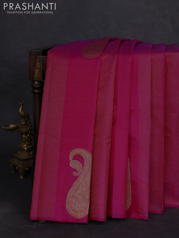Pure kanchipuram silk saree dark pink and navy blue with allover zari stripe pattern & buttas in borderless style