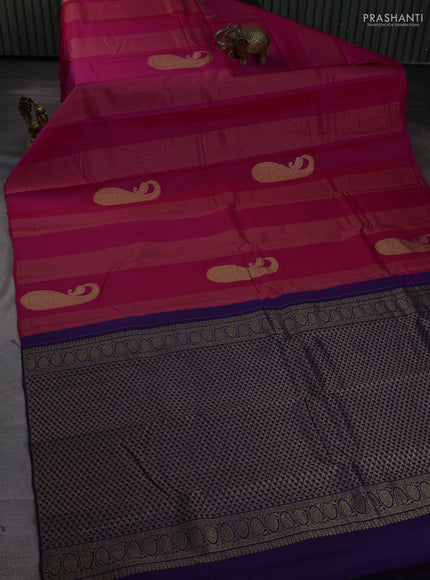 Pure kanchipuram silk saree dark pink and navy blue with allover zari stripe pattern & buttas in borderless style