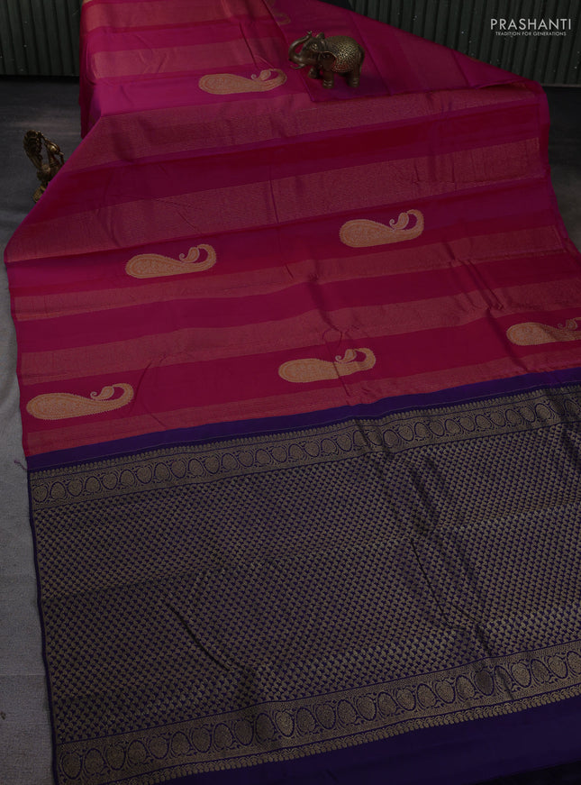 Pure kanchipuram silk saree dark pink and navy blue with allover zari stripe pattern & buttas in borderless style