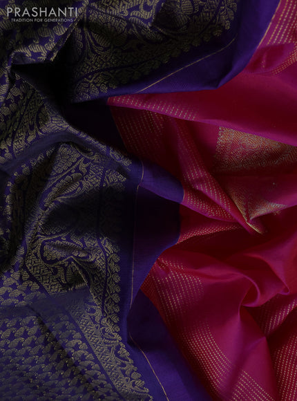 Pure kanchipuram silk saree dark pink and navy blue with allover zari stripe pattern & buttas in borderless style