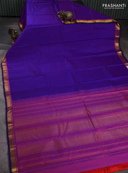 Pure kanchipuram silk saree violet and dual shade of red with plain body and zari woven border