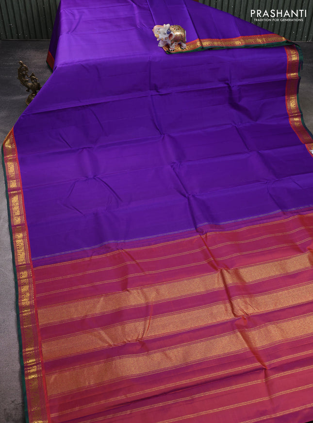 Pure kanchipuram silk saree violet and red with plain body and zari woven border