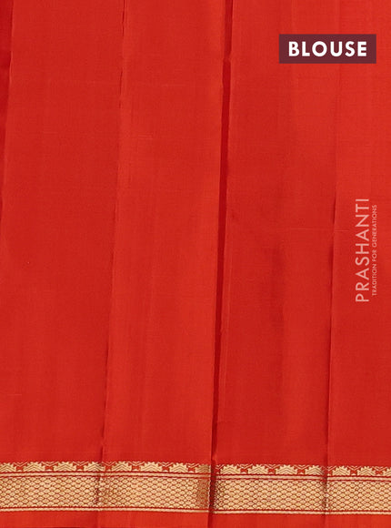 Pure kanchipuram silk saree maroon and orange with plain body and temple design zari woven border
