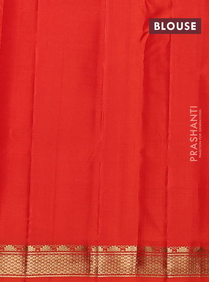 Pure kanchipuram silk saree sunset orange and orange with plain body and temple design zari woven border