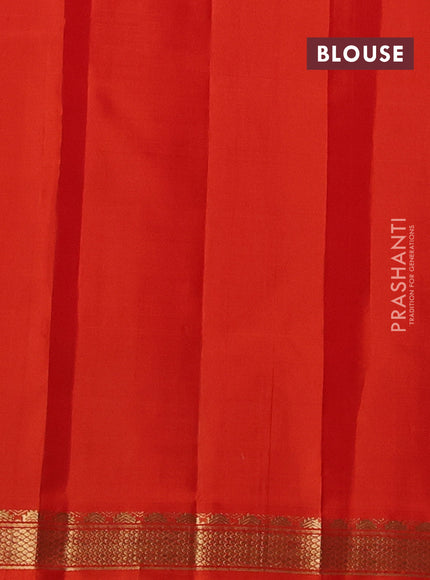 Pure kanchipuram silk saree maroon and orange with plain body and temple design zari woven border