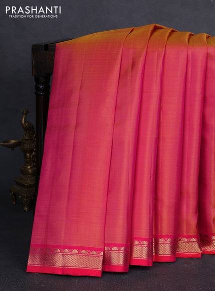 Pure kanchipuram silk saree orange and pink with plain body and temple design zari woven border