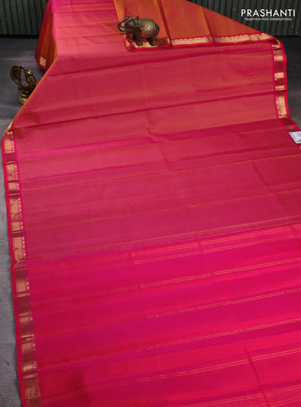 Pure kanchipuram silk saree orange and pink with plain body and temple design zari woven border
