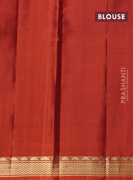 Pure kanchipuram silk saree deep wine shade and orange with plain body and temple design zari woven border