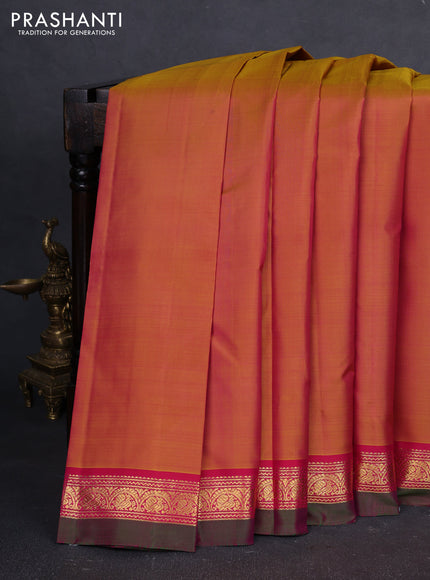 Pure kanchipuram silk saree dual shade of pinkish yellow and pink with plain body and temple design zari woven border