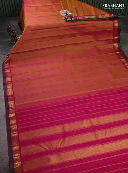 Pure kanchipuram silk saree dual shade of pinkish yellow and pink with plain body and temple design zari woven border