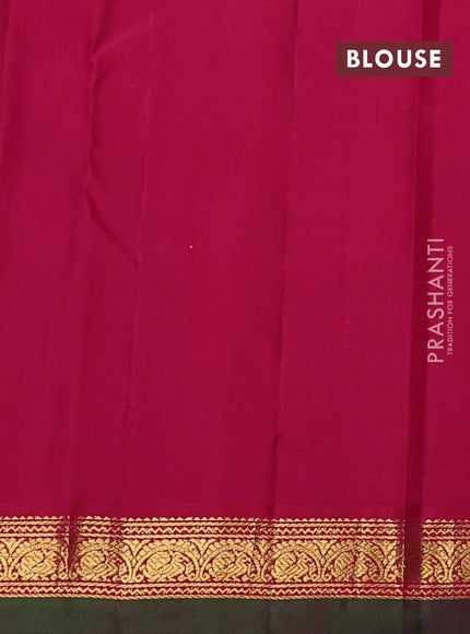 Pure kanchipuram silk saree dual shade of pinkish yellow and pink with plain body and temple design zari woven border