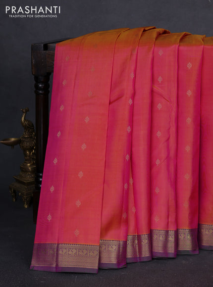 Pure kanchipuram silk saree dual shade of pinkish yellow and green with allover zari woven buttas and zari woven border