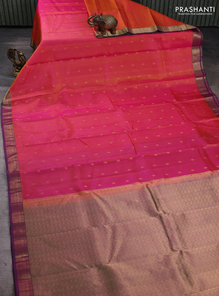Pure kanchipuram silk saree dual shade of pinkish yellow and green with allover zari woven buttas and zari woven border