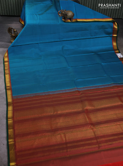 Pure kanchipuram silk saree teal blue and dual shade of red with plain body and zari woven border