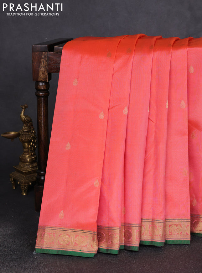 Pure kanchipuram silk saree peach orange and green with zari woven buttas and zari woven border