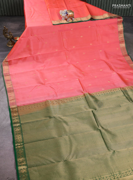 Pure kanchipuram silk saree peach orange and green with zari woven buttas and zari woven border