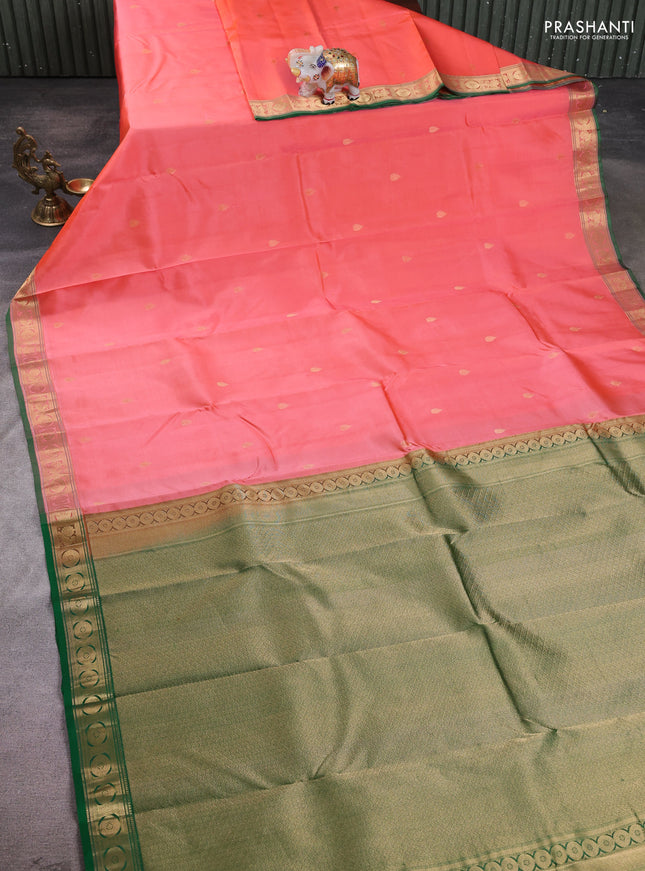 Pure kanchipuram silk saree peach orange and green with zari woven buttas and zari woven border