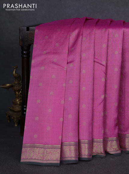 Pure kanchipuram silk saree pink and bottle green with allover zari small checks & buttas and zari woven border