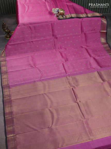 Pure kanchipuram silk saree pink and bottle green with allover zari small checks & buttas and zari woven border