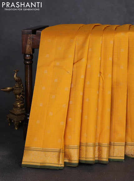 Pure kanchipuram silk saree mustard yellow and bottle green with allover zari small checks & buttas and zari woven border