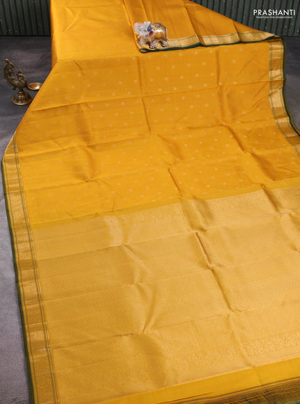 Pure kanchipuram silk saree mustard yellow and bottle green with allover zari small checks & buttas and zari woven border