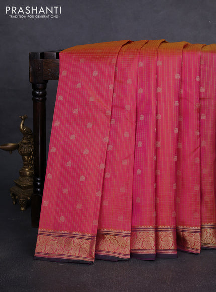 Pure kanchipuram silk saree dual shade of pink and green with allover zari checks & buttas and zari woven border