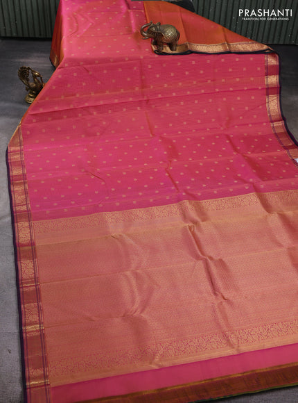 Pure kanchipuram silk saree dual shade of pink and green with allover zari checks & buttas and zari woven border