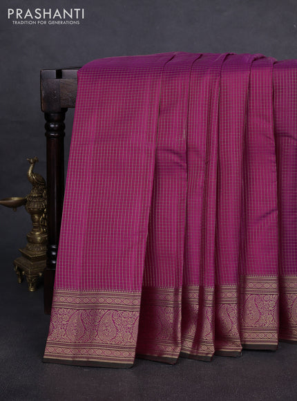Pure kanchipuram silk saree dark magenta and green with allover small zari checked pattern and zari woven border