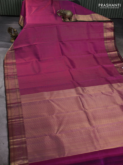 Pure kanchipuram silk saree dark magenta and green with allover small zari checked pattern and zari woven border