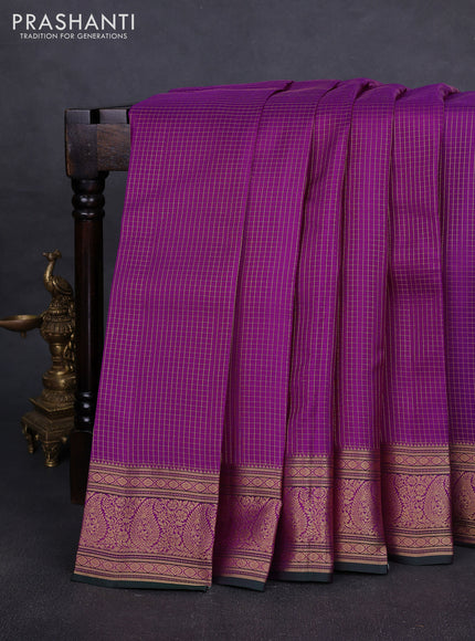 Pure kanchipuram silk saree dark pink and green with allover small zari checked pattern and zari woven border