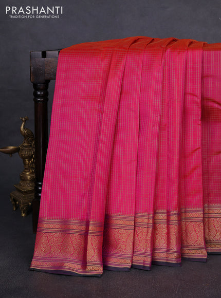 Pure kanchipuram silk saree candy pink and green with allover small zari checked pattern and zari woven border