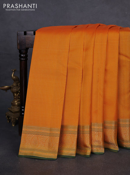 Pure kanchipuram silk saree mango yellow and bottle green with allover small zari checked pattern and zari woven border