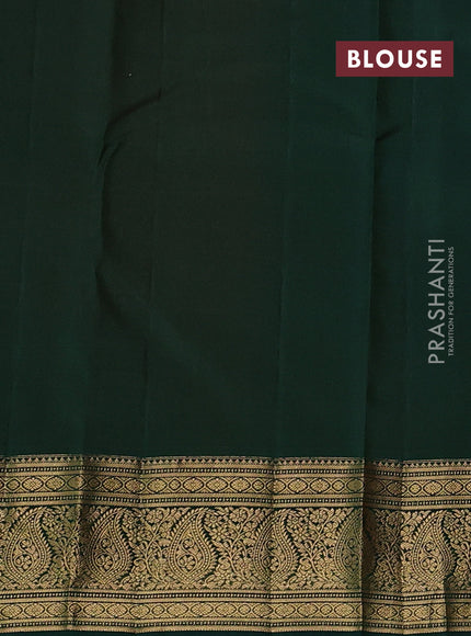 Pure kanchipuram silk saree mango yellow and bottle green with allover small zari checked pattern and zari woven border