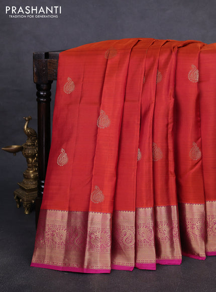 Pure kanchipuram silk saree orange and magenta pink with zari woven buttas and zari woven border
