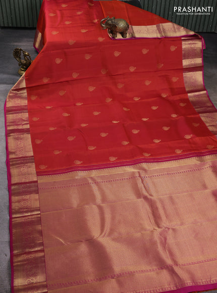 Pure kanchipuram silk saree orange and magenta pink with zari woven buttas and zari woven border