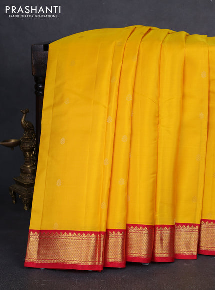 Pure kanchipuram silk saree yellow and red with zari woven buttas and zari woven korvai border