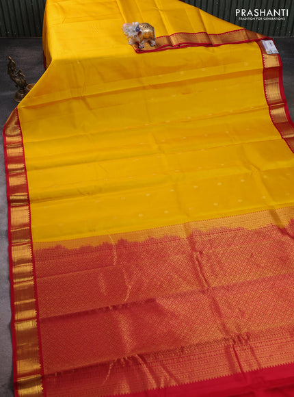 Pure kanchipuram silk saree yellow and red with zari woven buttas and zari woven korvai border