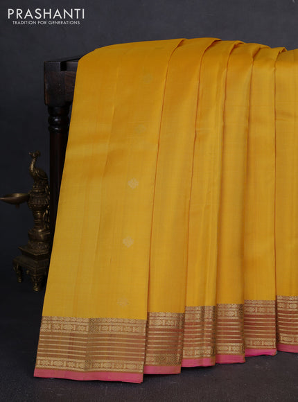 Pure kanchipuram silk saree yellow and pink with zari woven buttas and zari woven border