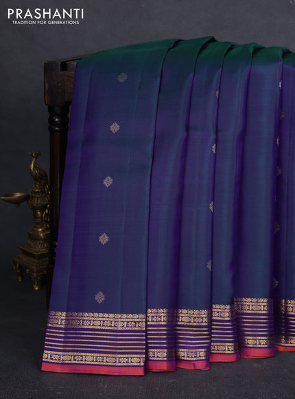 Pure kanchipuram silk saree dual shade of bluish green and violet with zari woven buttas and zari woven border