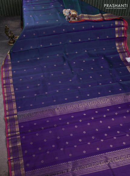 Pure kanchipuram silk saree dual shade of bluish green and violet with zari woven buttas and zari woven border