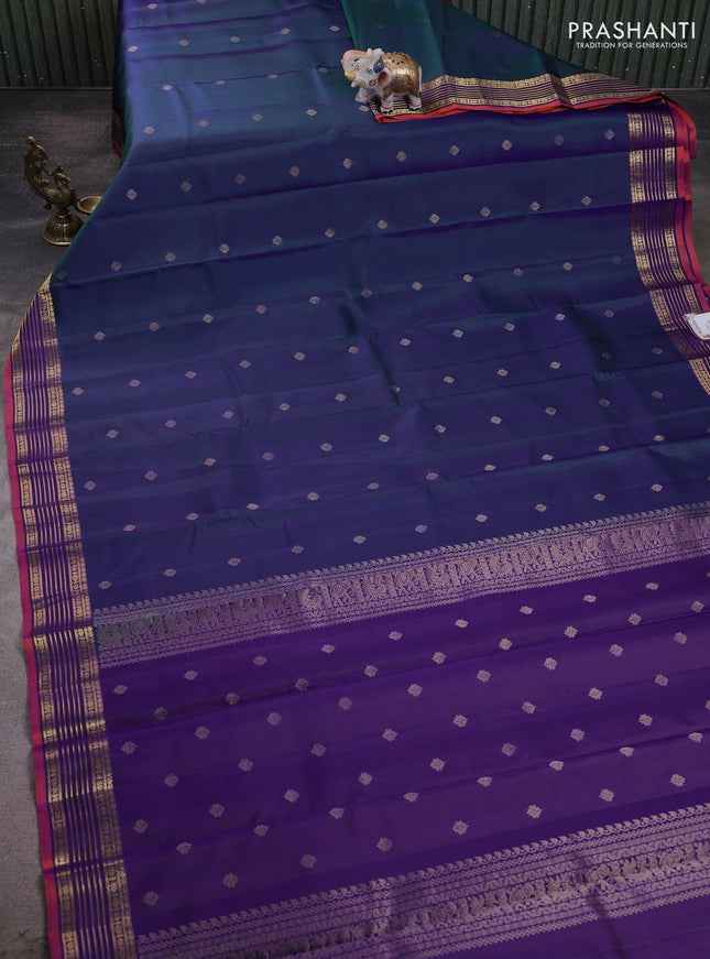 Pure kanchipuram silk saree dual shade of bluish green and violet with zari woven buttas and zari woven border