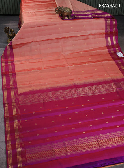 Pure kanchipuram silk saree rust shade and purple with zari woven buttas and rettapet zari woven border