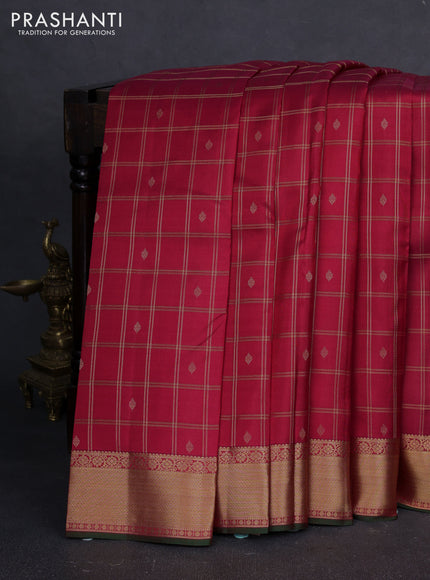Pure kanchipuram silk saree tomato pink and green with allover zari checks & buttas and zari woven border