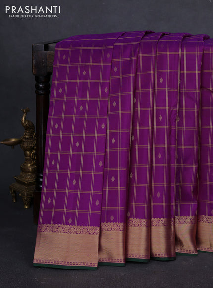 Pure kanchipuram silk saree purple and green with allover zari checks & buttas and zari woven border